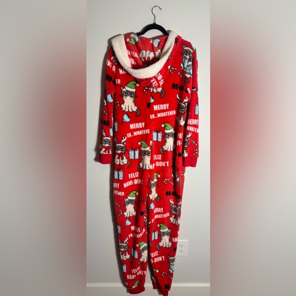 Grumpy Cat Hooded Union Suit Pajamas Women’s L Christmas Cozy Zip One-Piece - Picture 3 of 6